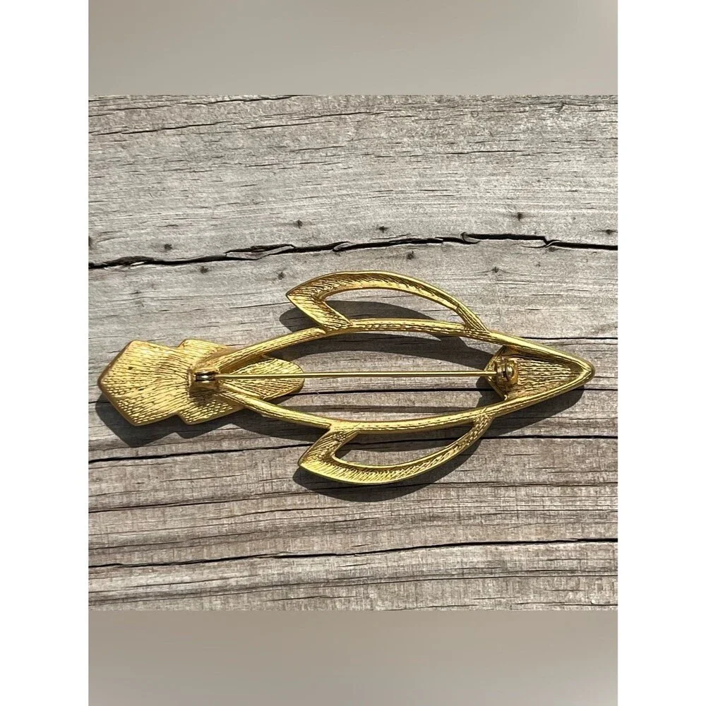 Vintage 80s Brooch Lapel Pin Fish Outline Enamel Gold Unisex
